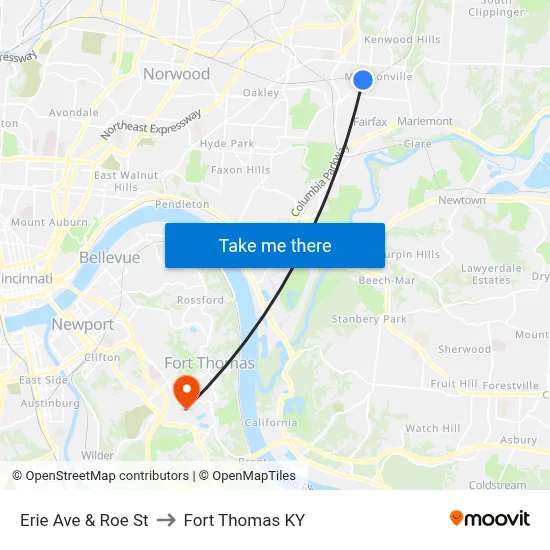 Erie Ave & Roe St to Fort Thomas KY map