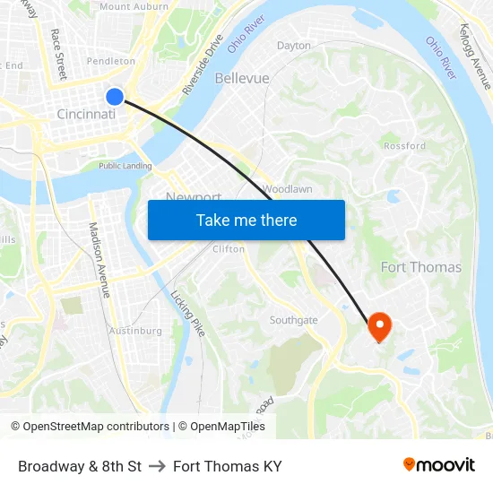 Broadway & 8th St to Fort Thomas KY map