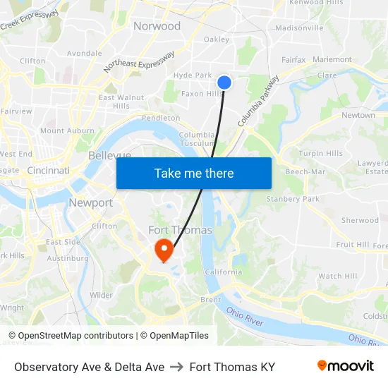 Observatory Ave & Delta Ave to Fort Thomas KY map