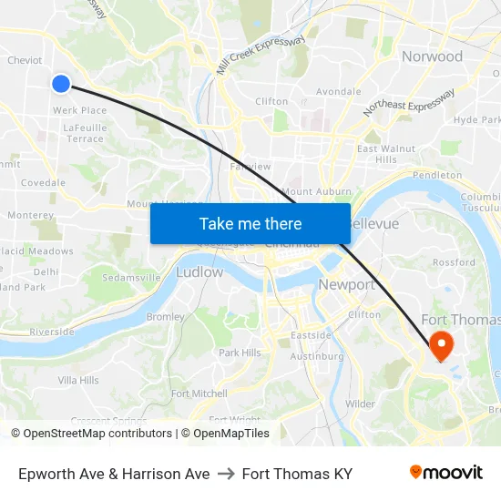 Epworth Ave & Harrison Ave to Fort Thomas KY map