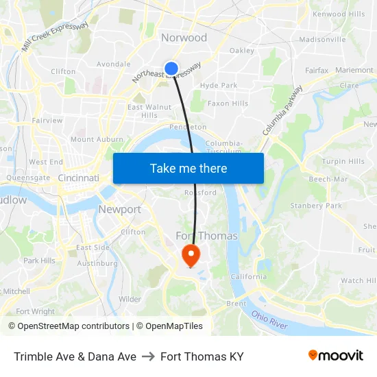 Trimble Ave & Dana Ave to Fort Thomas KY map