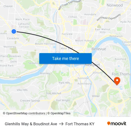 Glenhills Way & Boudinot Ave to Fort Thomas KY map