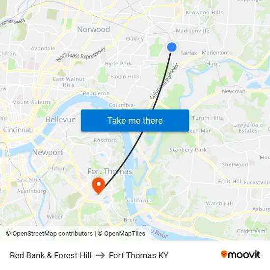 Red Bank & Forest Hill to Fort Thomas KY map