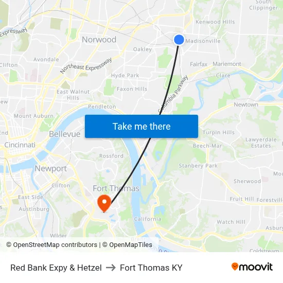 Red Bank Expy & Hetzel to Fort Thomas KY map