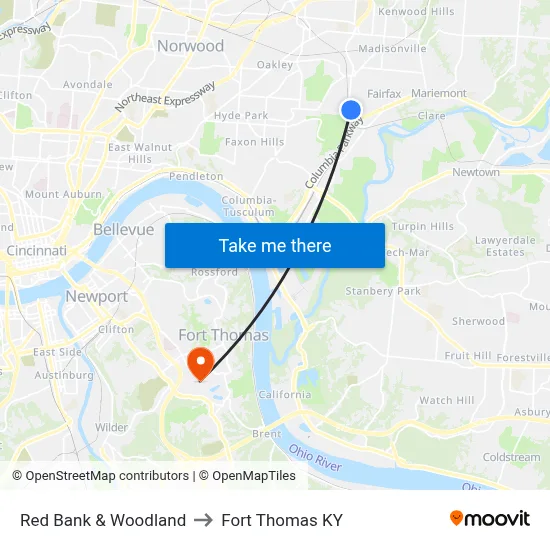 Red Bank & Woodland to Fort Thomas KY map