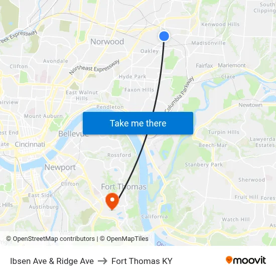 Ibsen Ave & Ridge Ave to Fort Thomas KY map
