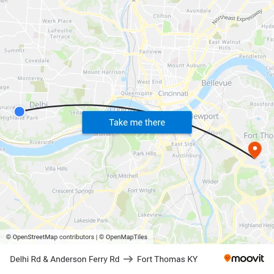 Delhi Rd & Anderson Ferry Rd to Fort Thomas KY map