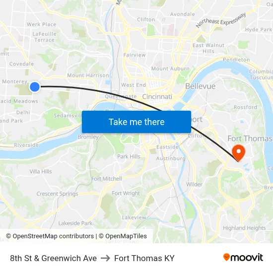 8th St & Greenwich Ave to Fort Thomas KY map