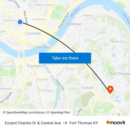 Ezzard Charles Dr & Central Ave to Fort Thomas KY map