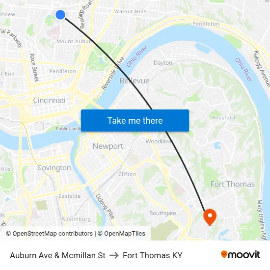 Auburn Ave & Mcmillan St to Fort Thomas KY map