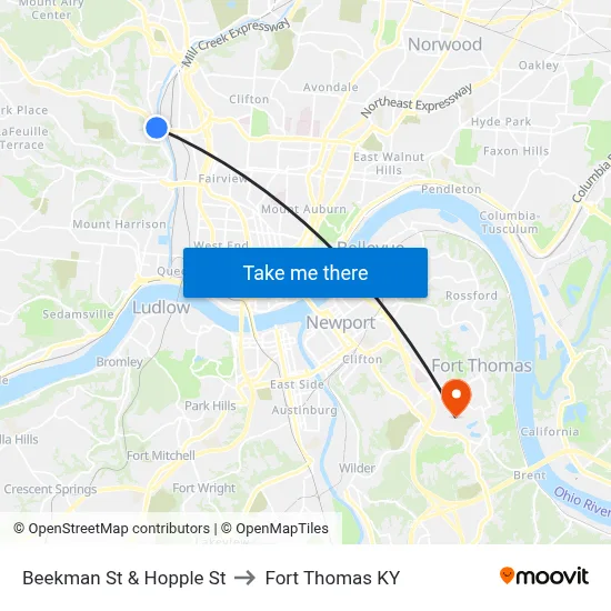 Beekman St & Hopple St to Fort Thomas KY map