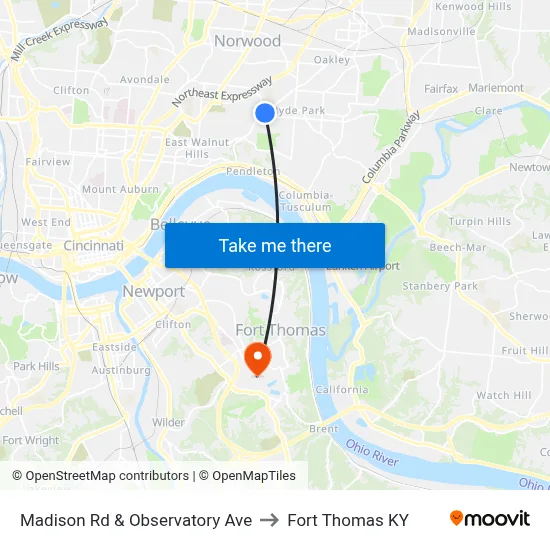 Madison Rd & Observatory Ave to Fort Thomas KY map