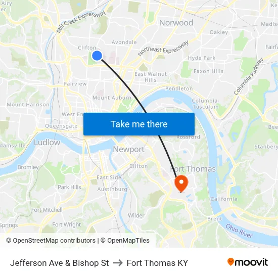 Jefferson Ave & Bishop St to Fort Thomas KY map