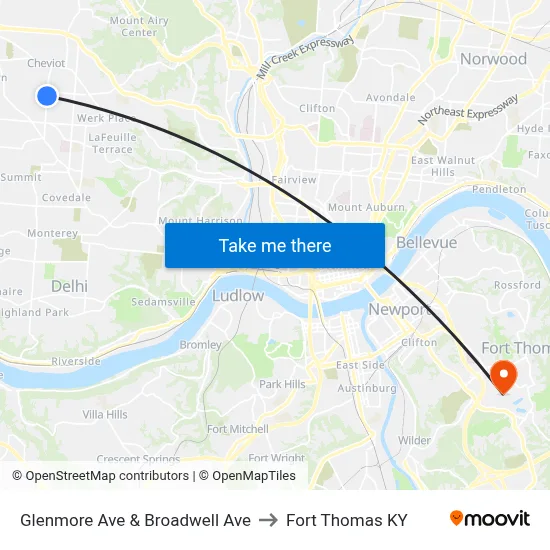 Glenmore Ave & Broadwell Ave to Fort Thomas KY map
