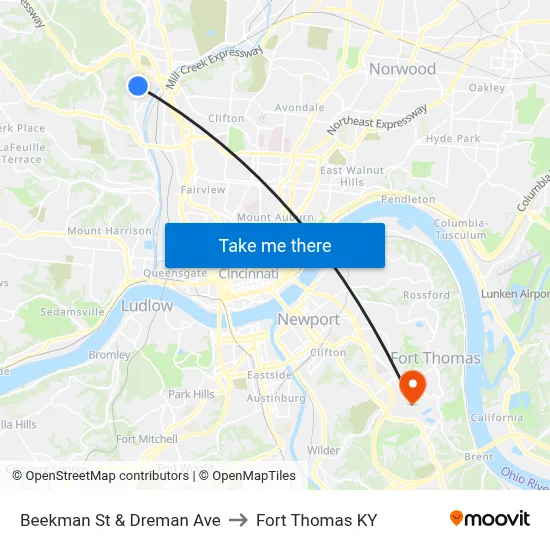 Beekman St & Dreman Ave to Fort Thomas KY map