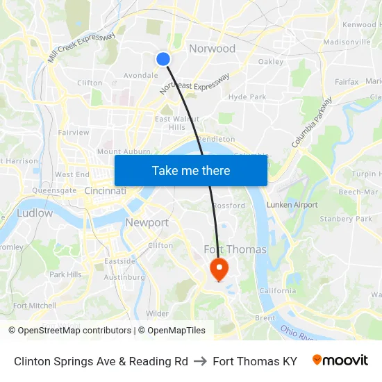 Clinton Springs Ave & Reading Rd to Fort Thomas KY map