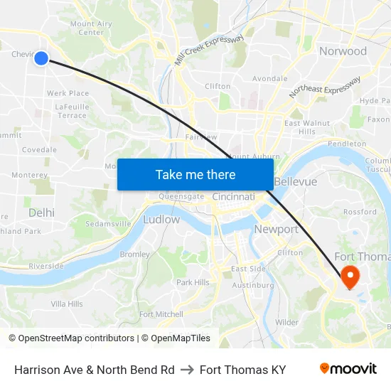 Harrison Ave & North Bend Rd to Fort Thomas KY map