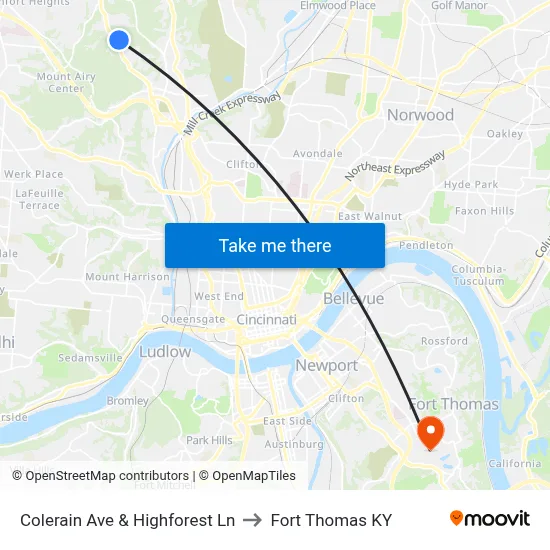 Colerain Ave & Highforest Ln to Fort Thomas KY map