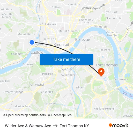 Wilder Ave & Warsaw Ave to Fort Thomas KY map