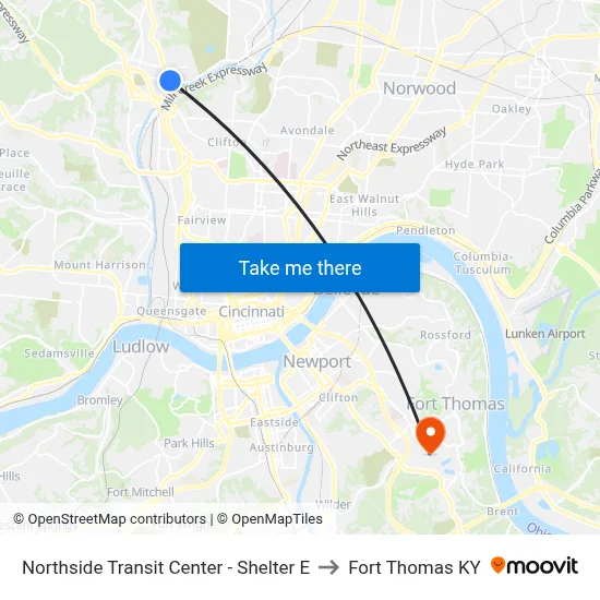Northside Transit Center - Shelter E to Fort Thomas KY map