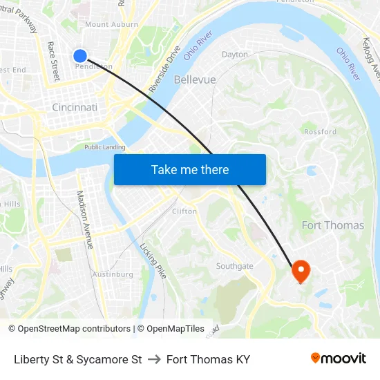 Liberty St & Sycamore St to Fort Thomas KY map
