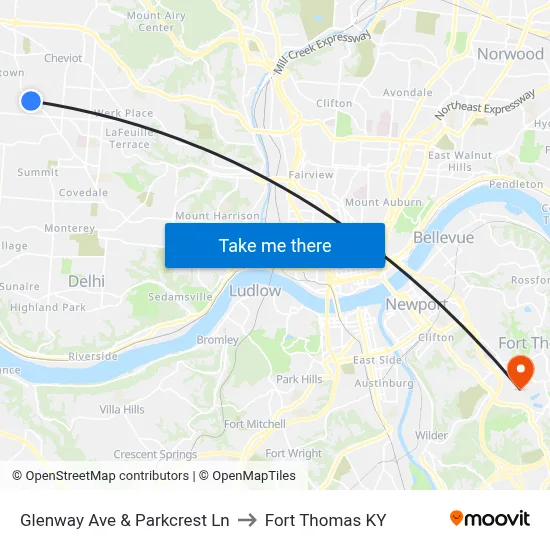Glenway Ave & Parkcrest Ln to Fort Thomas KY map