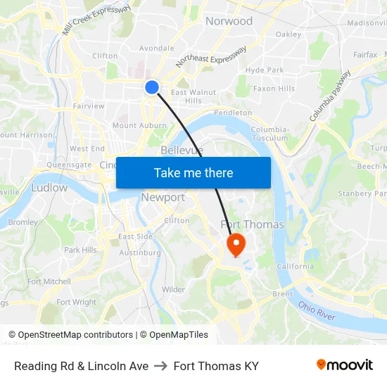 Reading Rd & Lincoln Ave to Fort Thomas KY map