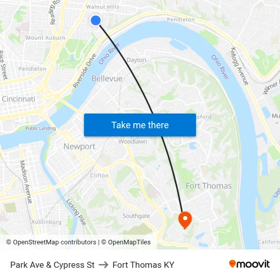 Park Ave & Cypress St to Fort Thomas KY map