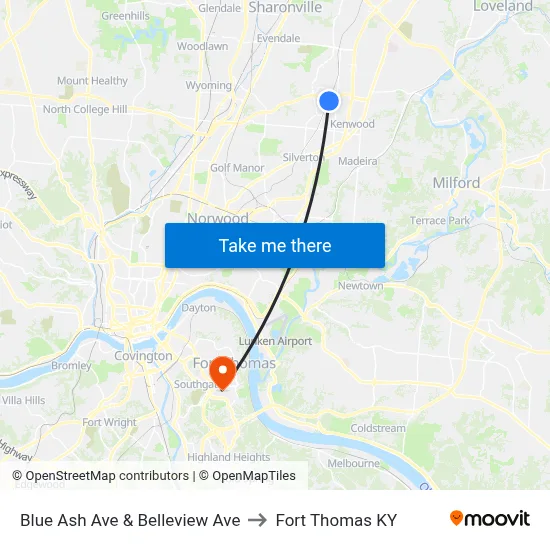 Blue Ash Ave & Belleview Ave to Fort Thomas KY map