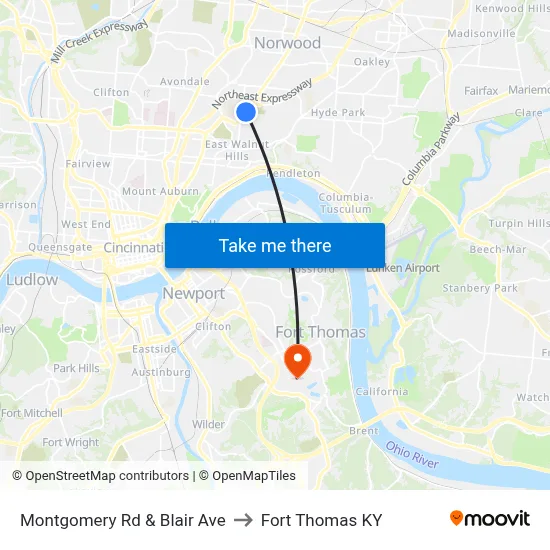 Montgomery Rd & Blair Ave to Fort Thomas KY map