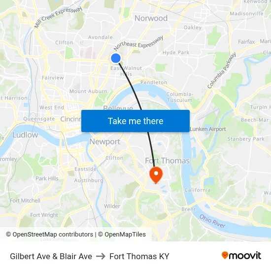 Gilbert Ave & Blair Ave to Fort Thomas KY map