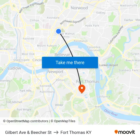 Gilbert Ave & Beecher St to Fort Thomas KY map
