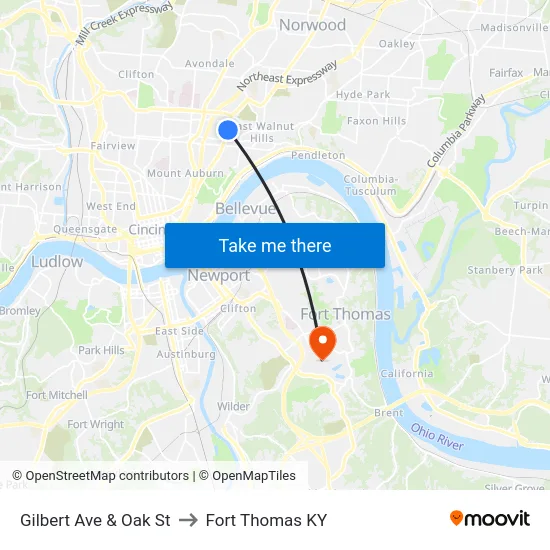 Gilbert Ave & Oak St to Fort Thomas KY map