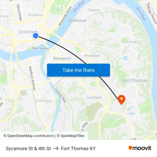 Sycamore St & 4th St to Fort Thomas KY map