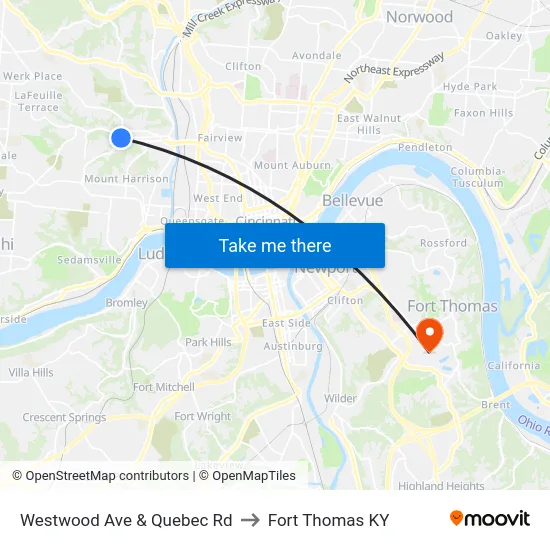 Westwood Ave & Quebec Rd to Fort Thomas KY map