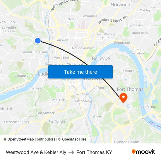 Westwood Ave & Kebler Aly to Fort Thomas KY map