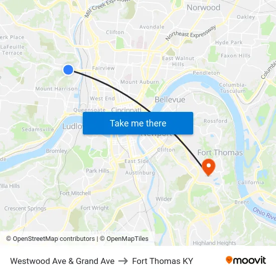 Westwood Ave & Grand Ave to Fort Thomas KY map