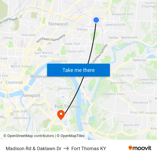 Madison Rd & Oaklawn Dr to Fort Thomas KY map