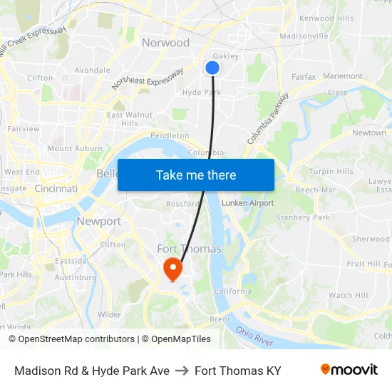 Madison Rd & Hyde Park Ave to Fort Thomas KY map