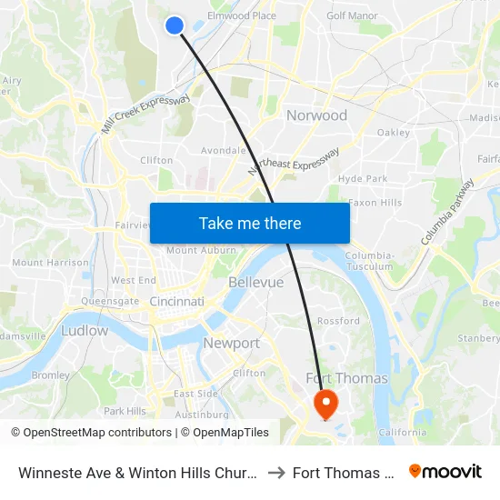 Winneste Ave & Winton Hills Church to Fort Thomas KY map