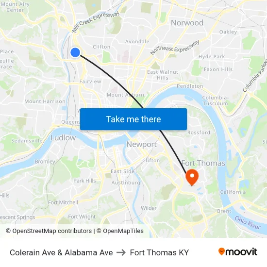 Colerain Ave & Alabama Ave to Fort Thomas KY map