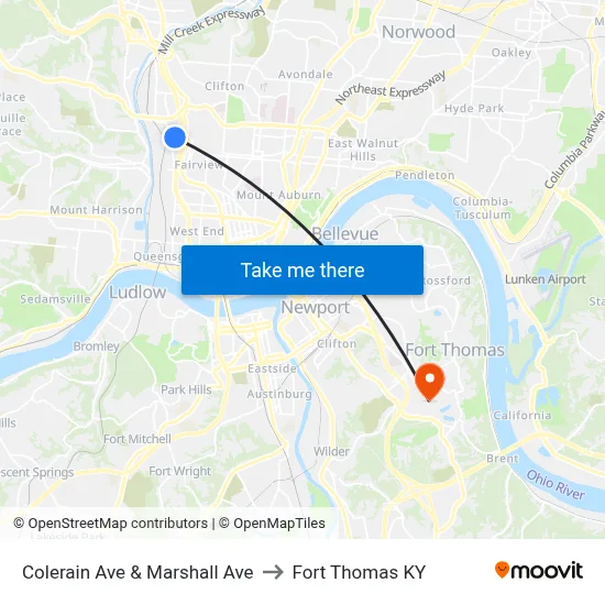 Colerain Ave & Marshall Ave to Fort Thomas KY map