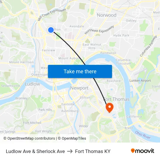 Ludlow Ave & Sherlock Ave to Fort Thomas KY map