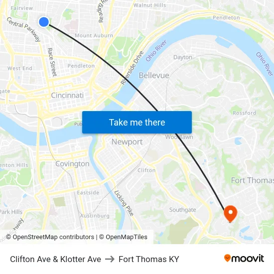 Clifton Ave & Klotter Ave to Fort Thomas KY map
