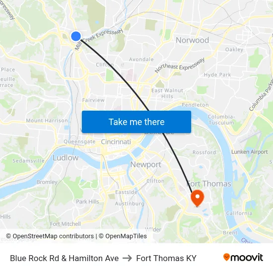 Blue Rock Rd & Hamilton Ave to Fort Thomas KY map