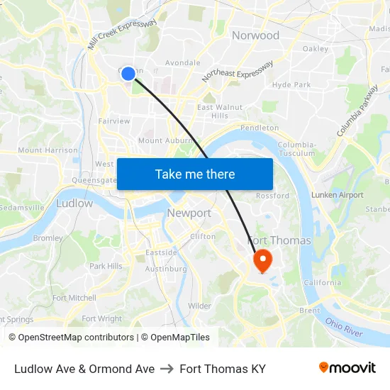 Ludlow Ave & Ormond Ave to Fort Thomas KY map