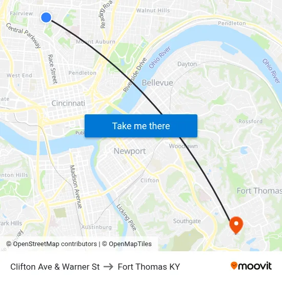 Clifton Ave & Warner St to Fort Thomas KY map