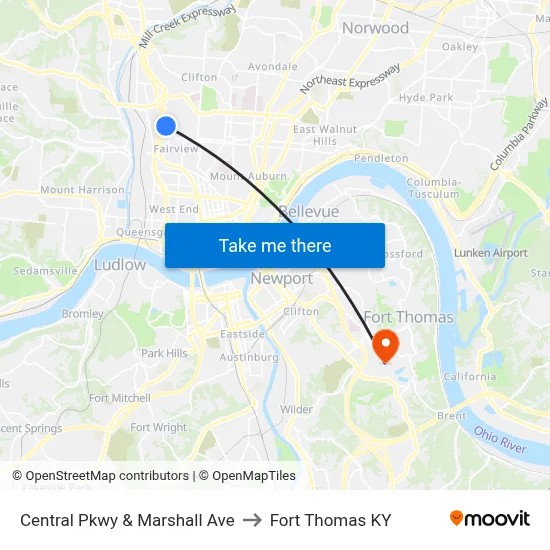 Central Pkwy & Marshall Ave to Fort Thomas KY map