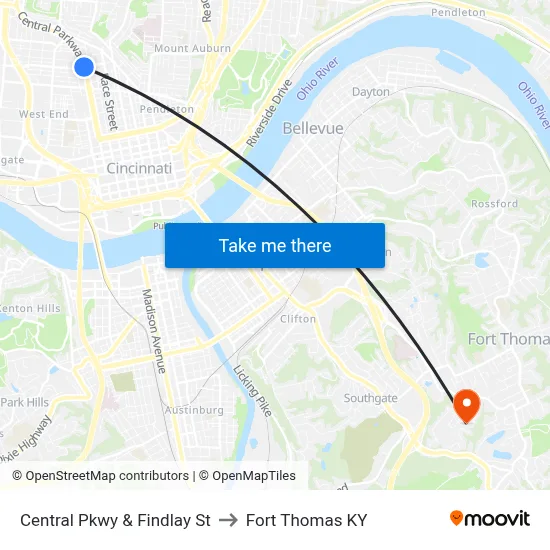 Central Pkwy & Findlay St to Fort Thomas KY map