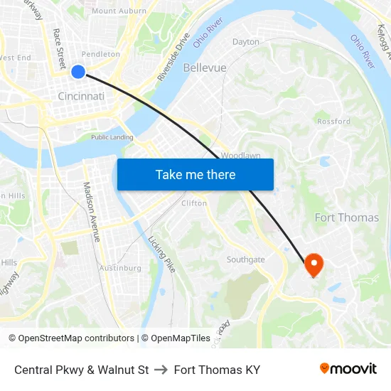 Central Pkwy & Walnut St to Fort Thomas KY map